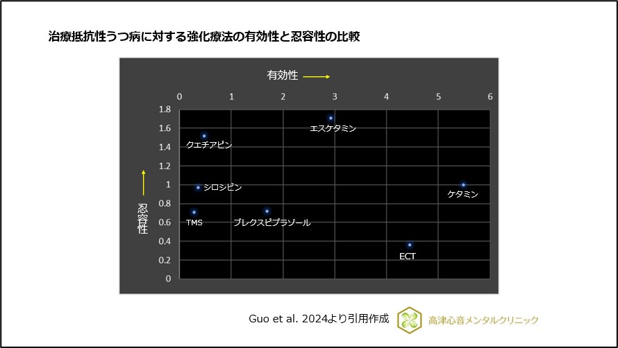 治療抵抗性うつ病に対する強化療法の有効性と忍容性の比較