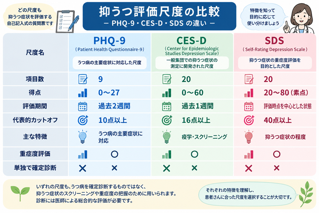 SDS・CES-D・PHQ-9の比較