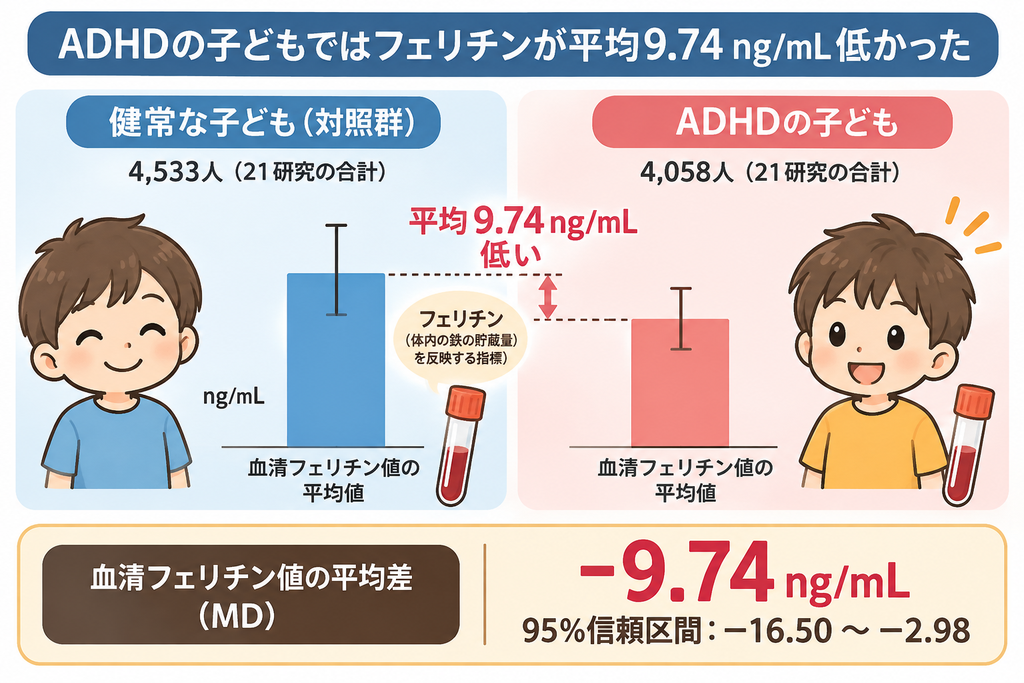 ADHDの子どもではフェリチンが平均9.74ng/mL低かった