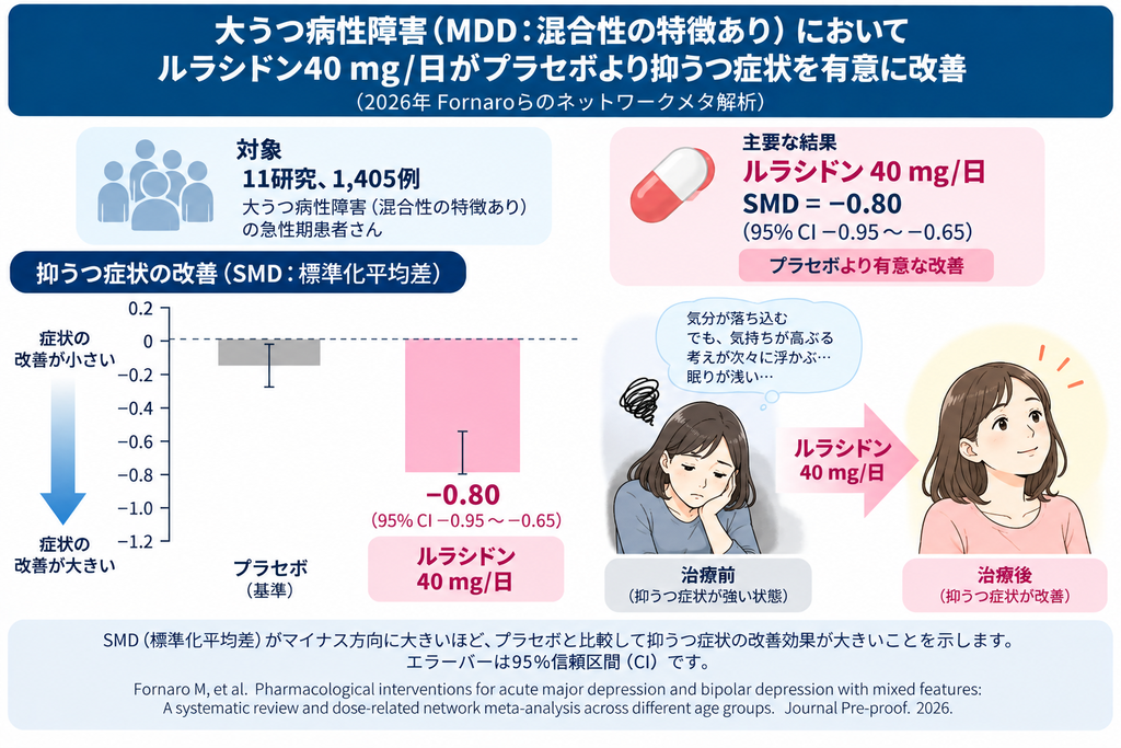 混合性の特徴を伴う大うつ病性障害においてルラシドン40mgがプラセボより抑うつ症状を有意に改善